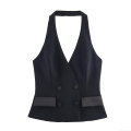 Women's Sexy Halter Neck Tuxedo Vest Top Slim Fit Double Breasted Backless Woven Tank Top Clubwear Party INS Style Socialite Black Short Vest