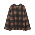 French Style Women's Plaid Knit Outerwear Round Neck Long Sleeve Button Up Fuzzy Checkerboard Cardigan Casual Warm Winter Coat
