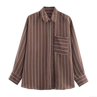 Women's Elegant Coffee White Striped Long Sleeve Shirt With Single Pocket Chic Polyester Button Down Blouse For Casual Daily Office Wear