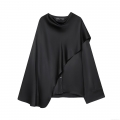 Women's Elegant Acetate Satin Asymmetric Blouse Long Bell Sleeve Cowl Neck Pullover Top French Style Casual Party Shirt