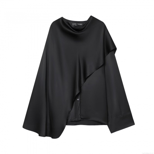 Women's Elegant Acetate Satin Asymmetric Blouse Long Bell Sleeve Cowl Neck Pullover Top French Style Casual Party Shirt