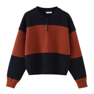 Women's Striped Color Block Knitted Polo Sweater Casual Long Sleeve Core Spun Yarn Knit Top Fashionable Chic Daily Wear Pullover