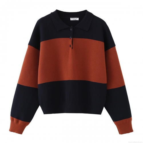 Women's Striped Color Block Knitted Polo Sweater Casual Long Sleeve Core Spun Yarn Knit Top Fashionable Chic Daily Wear Pullover