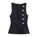 Women Black Sleeveless Slim Fit Top With Large Rhinestone Jewel Buttons Elegant Crew Neck Party Dating Vest With Back Zipper