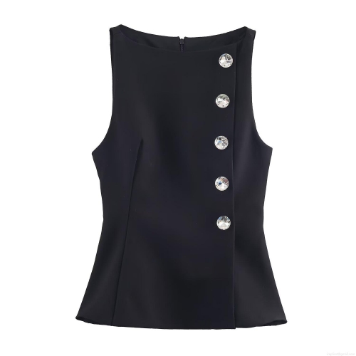 Women Black Sleeveless Slim Fit Top With Large Rhinestone Jewel Buttons Elegant Crew Neck Party Dating Vest With Back Zipper