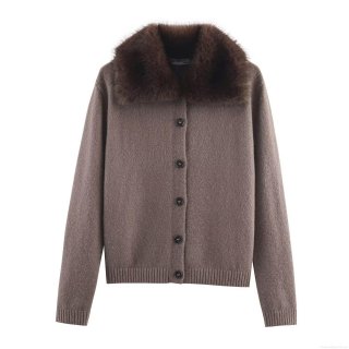 Women's Elegant Knitted Cardigan Jacket With Faux Fur Collar Button Up Khaki Long Sleeve Short Sweater Coat For Autumn Winter Daily Wear