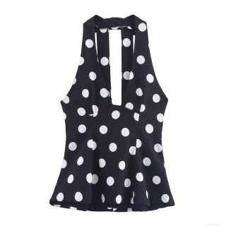 Women's Sexy Halter Top Polka Dot Print Backless Tank Top With Bow Decor Slim Fit V-Neck Short Vest For Summer Party Vacation Clubwear