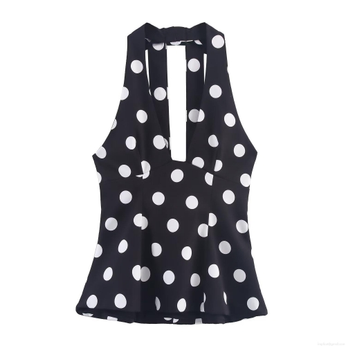 Women's Sexy Halter Top Polka Dot Print Backless Tank Top With Bow Decor Slim Fit V-Neck Short Vest For Summer Party Vacation Clubwear