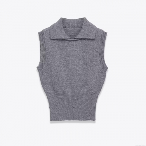 Women's Slim Fit Knitted Polo Vest Lapel Sleeveless Short Knit Top Ribbed Hem Solid Color Polyester Tank Top for Daily Casual Summer Fall