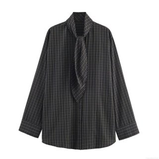 Women's Plaid Shirt Polyester Poplin Scarf Collar Tie Neck Long Sleeve Button Down Blouse For Casual Work Office Women Sweet Elegant Tops