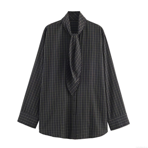 Women's Plaid Shirt Polyester Poplin Scarf Collar Tie Neck Long Sleeve Button Down Blouse For Casual Work Office Women Sweet Elegant Tops