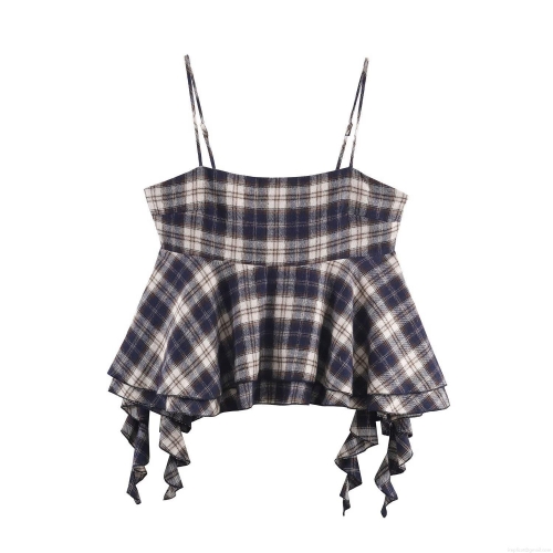 Women Sexy Plaid Tiered Ruffle Camisole Top Backless Sleeveless Layered Crop Top Summer Daily Vacation Party Acrylic Fabric Blue White Checkered