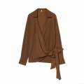 Women's Caramel Long Sleeve Wrap Blouse Elegant V-Neck Tie Waist Pleated Polyester Shirt Fashion Casual Tops For Women Soft Woven Fabric Blouse