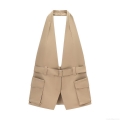 Women Sexy Halter Neck Cargo Vest Top Khaki Backless Sleeveless Blouse With Large Pockets And Belt For Summer Party Clubwear