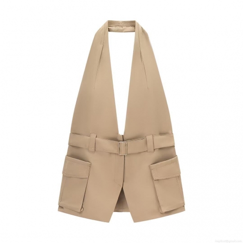 Women Sexy Halter Neck Cargo Vest Top Khaki Backless Sleeveless Blouse With Large Pockets And Belt For Summer Party Clubwear