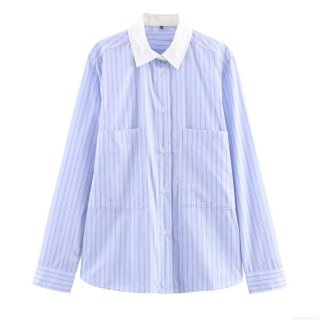 Classic Striped Contrast Collar Shirt Women Poplin Long Sleeve Button Down Blouse With Double Pockets For Daily Casual Work Office Elegant Top