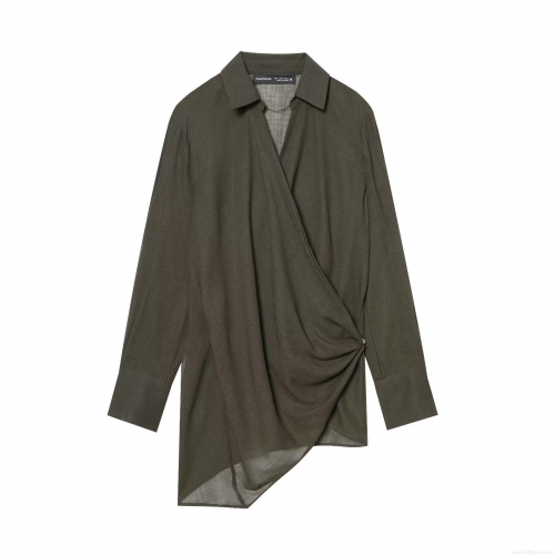 Women's Asymmetric Wrap Blouse Long Sleeve Solid Color Casual Draped Shirt Top Army Green Polyester Blend Elegant Office Work Shirt For Women