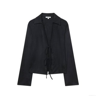 Women's Fashion Casual Long Sleeve Shirt Faux Suede Fabric Front Tie Lace Up Blouse Solid Black Elegant Top for Daily Dating Party Women Clothing