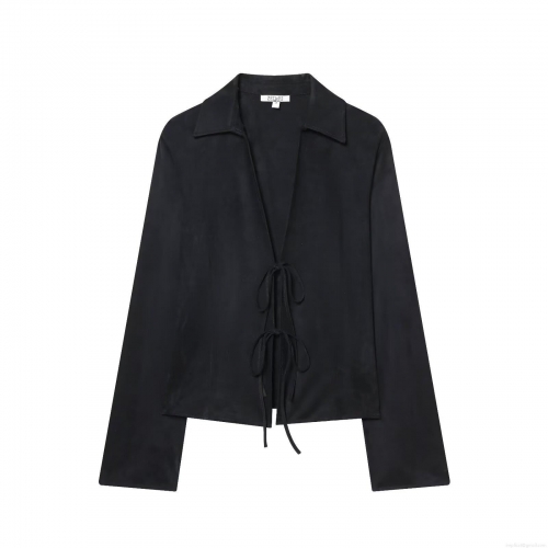 Women's Fashion Casual Long Sleeve Shirt Faux Suede Fabric Front Tie Lace Up Blouse Solid Black Elegant Top for Daily Dating Party Women Clothing