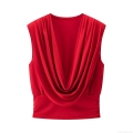 Women's Red Ruched Draped Neckline Sleeveless Top Slim Fit Sexy Chic Polyester Knitting Blouse For Party Clubwear Summer