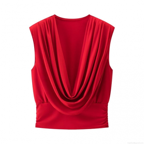 Women's Red Ruched Draped Neckline Sleeveless Top Slim Fit Sexy Chic Polyester Knitting Blouse For Party Clubwear Summer