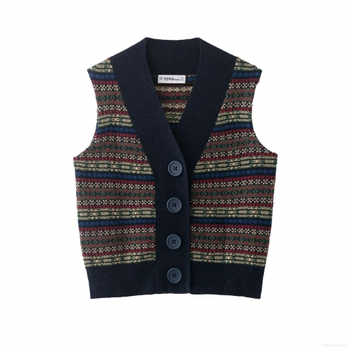 Women's Vintage Fair Isle Knitted Vest Retro V-Neck Button Down Sleeveless Cardigan Sweater Nordic Style Geometric Pattern Casual Waistcoat For Ladies