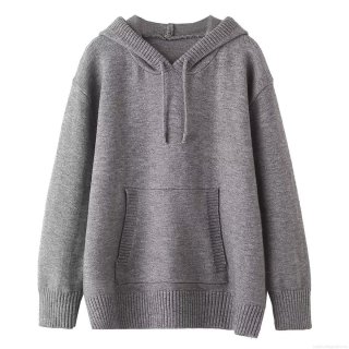 Women's Oversized Knit Hoodie Grey Solid Color Long Sleeve Casual Hooded Sweater With Kangaroo Pocket For Winter Soft Warm Pullover Tops