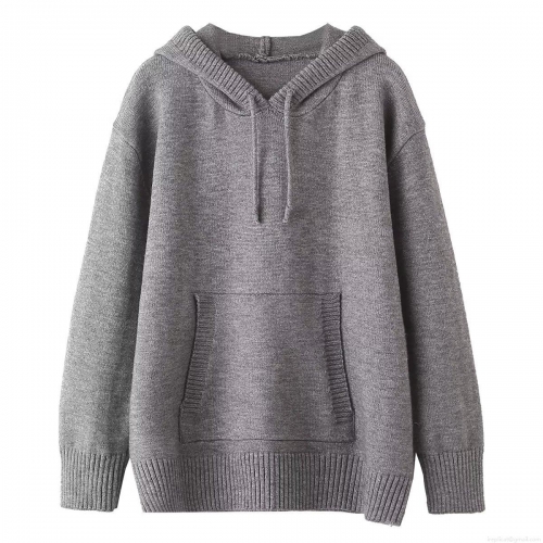 Women's Oversized Knit Hoodie Grey Solid Color Long Sleeve Casual Hooded Sweater With Kangaroo Pocket For Winter Soft Warm Pullover Tops