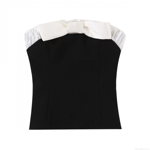 Women's Elegant Bow Decorated Patchwork Tube Top Sexy Black White Contrast Sleeveless Slim Fit Crop Top For Party Dating Clubwear Polyester Off-Shoulder Top