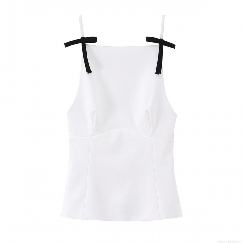 Women's Sexy Cami Top With Black Bow Straps Contrast Color Square Neck Slim Fit Acrylic Woven Tank Top For Summer Streetwear Party Daily Wear