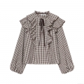 Women's Ruffle Layered Gingham Plaid Blouse Long Sleeve Tie Neck Button Down Polyester Cotton Blend Casual Fashion Office Shirt