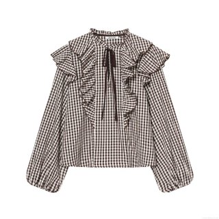 Women's Ruffle Layered Gingham Plaid Blouse Long Sleeve Tie Neck Button Down Polyester Cotton Blend Casual Fashion Office Shirt