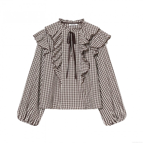 Women's Ruffle Layered Gingham Plaid Blouse Long Sleeve Tie Neck Button Down Polyester Cotton Blend Casual Fashion Office Shirt