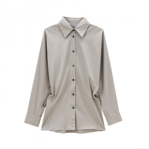 Women's Elegant Poplin Long Sleeve Shirt Solid Color Turn-down Collar Button Down Blouse With Back Pleated Detail For Office Lady Casual Daily Wear Spring Fashion Tops