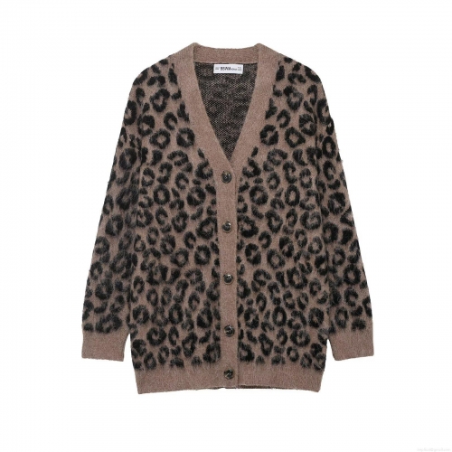 Women's French Vintage Leopard Print Knit Cardigan V-Neck Long Sleeve Button Up Loose Sweater Soft Casual Polyester Outerwear Warm Top For Spring Fall Winter