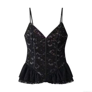 Women's Sexy Black Lace Spaghetti Strap Cami Top Ruffle Hem V-Neck Sleeveless Tank Top For Party Clubwear Summer Daily Adjustable Heart Buckle Straps