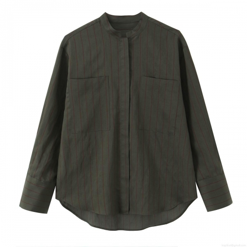 Women's Vertical Striped Long Sleeve Stand Collar Shirt Polyester Casual Blouse With Double Pockets High Low Hem Fashion Striped Tops For Women