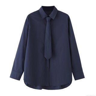 Women's 100% Cotton Poplin Long Sleeve Shirt With Tie Solid Color Single Breasted Blouse For Office School Wear Elegant Formal Top