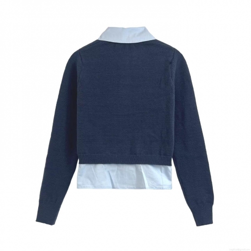 Women's Fake Two-Piece Knit Sweater Contrast Color Polo Collar Cardigan Shirt Hybrid Long Sleeve Nylon Polyester Viscose Blend Top With Gold Buttons For Casual Daily College Style