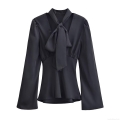 Women's Elegant Black Polyester Satin Blouse Long Sleeve V Neck Tie Front Bow Shirt Solid Color Flare Sleeve Pullover Top for Office Daily Wear Casual Fashionable Lady Clothes