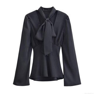 Women's Elegant Black Polyester Satin Blouse Long Sleeve V Neck Tie Front Bow Shirt Solid Color Flare Sleeve Pullover Top for Office Daily Wear Casual Fashionable Lady Clothes