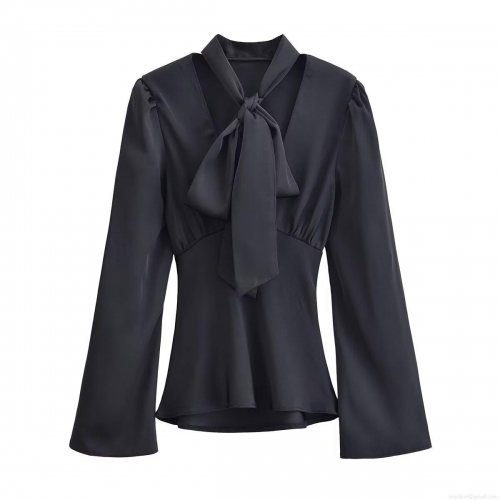 Women's Elegant Black Polyester Satin Blouse Long Sleeve V Neck Tie Front Bow Shirt Solid Color Flare Sleeve Pullover Top for Office Daily Wear Casual Fashionable Lady Clothes