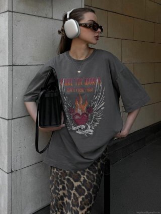 Women's Oversized Cotton Blend T-Shirt Vintage Heart Wings Graphic Print Short Sleeve Summer Casual Loose Streetwear Top