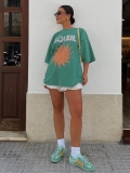 Women Oversized Cotton T-Shirt Soleil Sun Graphic Print Short Sleeve Crew Neck Loose Casual Streetwear Tee Top Summer Fashion Comfortable Top