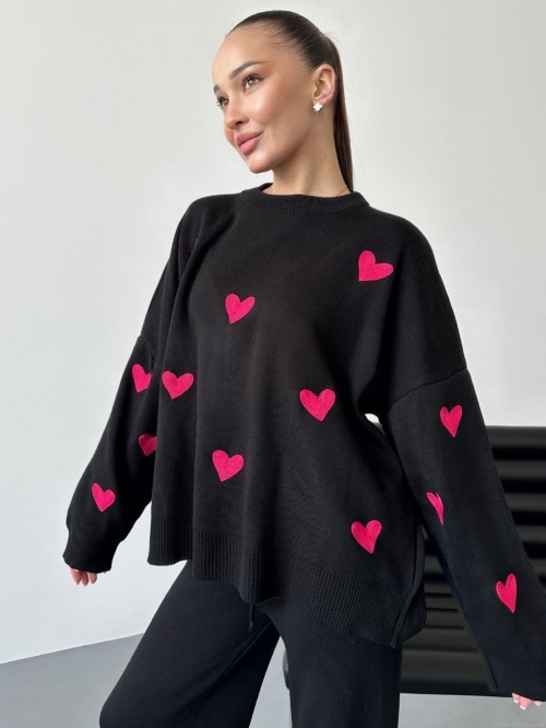 Women's Heart Pattern Oversized Sweater Crewneck Long Sleeve Knitted Pullover Top Casual Cotton Blend Streetwear Fashion For Women
