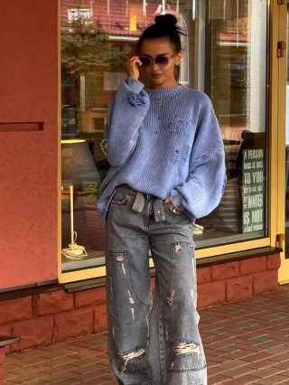 Women's Vintage Wasteland Distressed Knit Sweater Oversized Drop Shoulder Pullover Long Sleeve Lazy Style Worn-out Hole Aesthetic Top