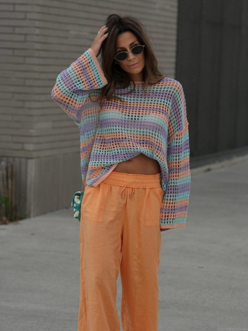 Women's Rainbow Striped Crochet Sweater Hollow Out Cotton Blend Loose Long Sleeve Pullover Smock Top For Beach Resort Casual Wear