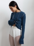 Women's Ribbed Knit Long Sleeve T-Shirt Contrast Exposed Seams Irregular Crop Top Casual Streetwear Pullover Round Neck Cotton Blend Fashion Shirt