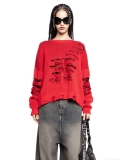 Women's Oversized Distressed Red Knit Sweater Loose Hollow Out Torn Pullover Streetwear Punk Style Long Sleeve Round Neck Knitted Top