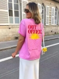 Women's Pink Cotton Short Sleeve T-Shirt With Out Of Office Letter Print Summer Vacation Casual Loose Fit Oversized Tee Streetwear Dopamine Style Top